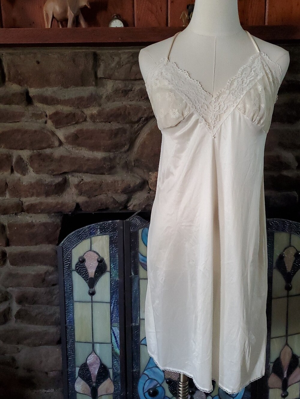 Vtg Radcliffe Slip Dress Ivory Nylon Nightgown Lace Lingerie Small USA Made 60s